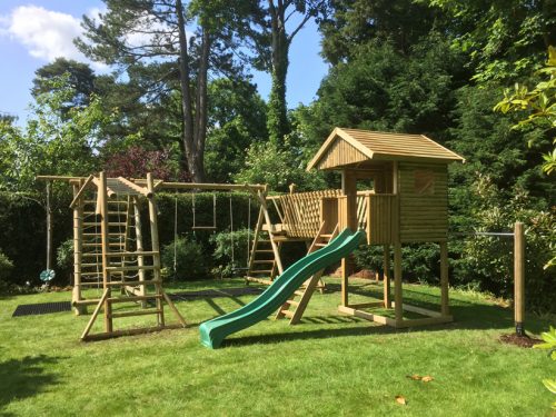 garden play gallery image multi products Garden play house with bridge triple swing frame with net frame and extension and monkey bar ladder