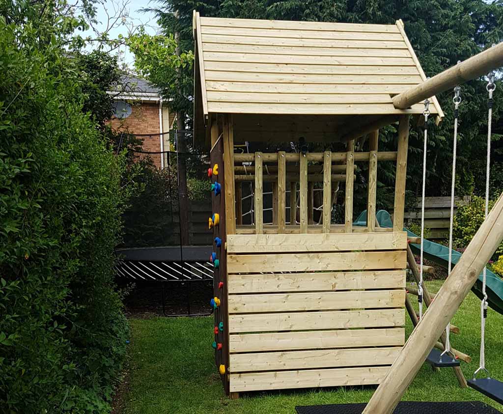 Garden Play fort with net and extension and rock climbing wall product listing image